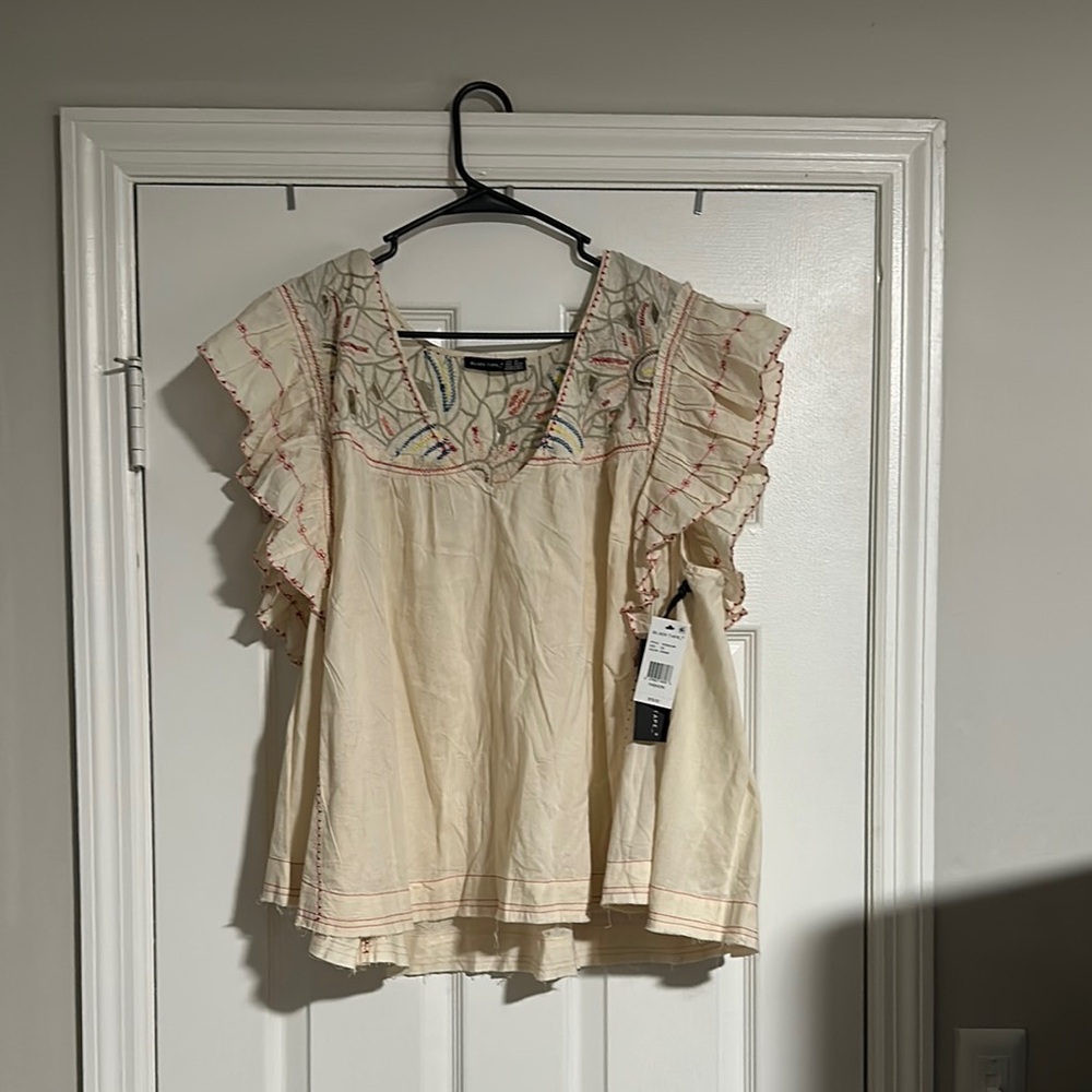 Black Tape Cream Blouse with Embroidery and Ruffle Sleeves